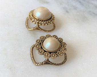 Antique Gold Tone Etched Scarf Ring Hand Set with Natural Color Imitation Pearl Cabochon - 2 Styles - Made in USA