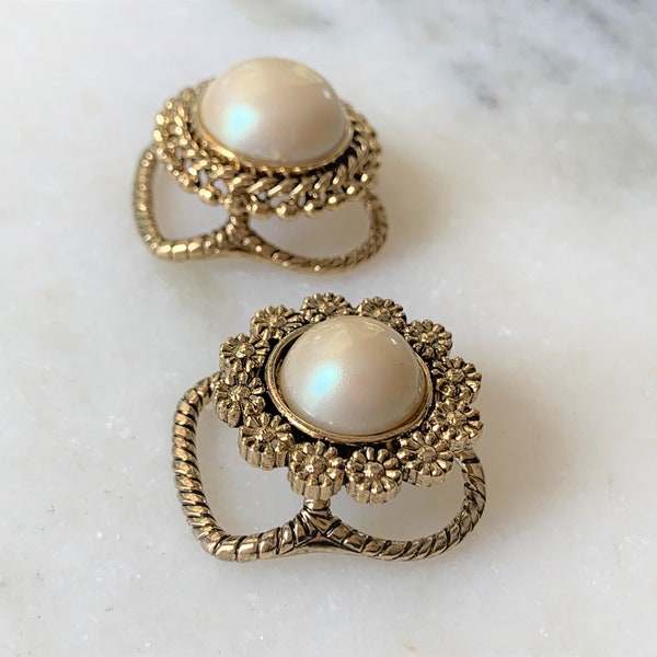 Antique Gold Tone Etched Scarf Ring Hand Set with Natural Color Imitation Pearl Cabochon - 2 Styles - Made in USA