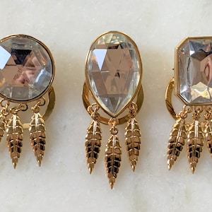 Cabochon & Polished Gold Tone Scarf Clip with Etched Feather Charms - 6 Styles  - Made in USA