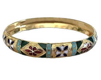 1980's Patterned Cloisonne' Ribbed Domed Floral Gold Tone Bangle Bracelet