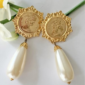 Large Gold Tone Coin Stamped Pierced Earrings with Imitation Pearl Teardrop