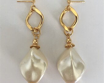 Large Faux Baroque Pearl Drop Pierced Earrings on Gold Tone Curb Chain with Ribbed Gold Bead Caps and Ball Tops