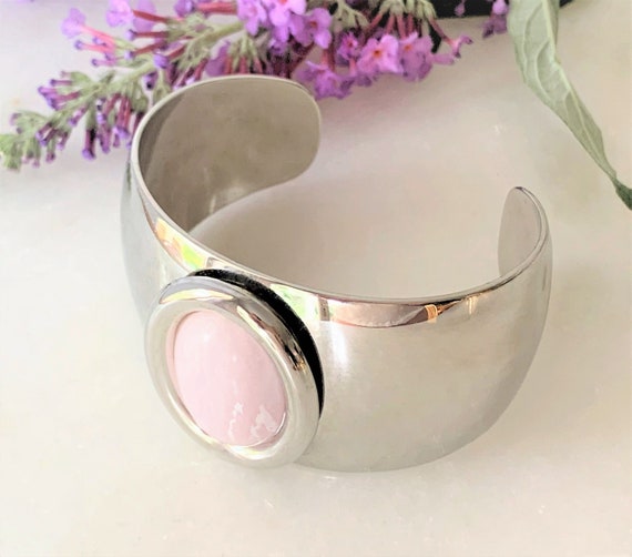 Silver Tone Cuff Bracelet with Framed Oval Pink M… - image 3