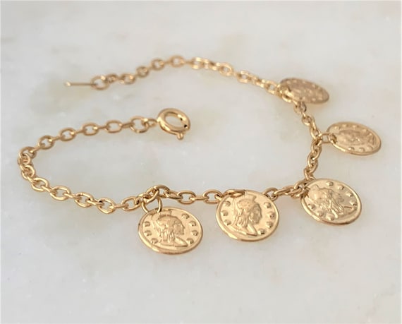 Dainty Gold Tone Coin Bracelet on Link Chain with… - image 8