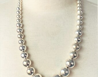 Graduated Polished Gold or Silver Ball Bead 24”, 30” Necklace Strung on Metal Chain - 2 Colors - Gold or Silver