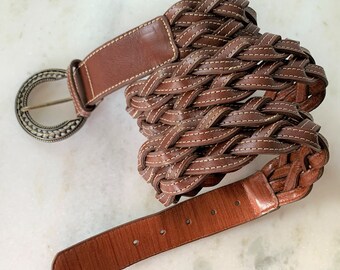 Brown Italian Leather Hand Braided Belt with Contrast Stitching - Antique Brass Cut Out Buckle - Made in USA