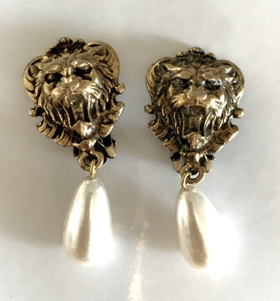 Roaring Lion Head and Pearl Teardrop Antique Gold… - image 1