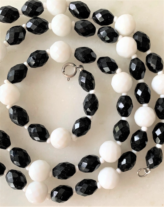 34" Black Glass Oblong Beads and Faceted White Gla