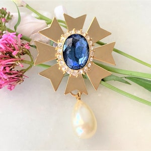Polished Gold Tone Maltese Cross Brooch with Faceted Oval Cabochon, Crystal Stones & Pearl Teardrop - 2 Colors - Made in USA