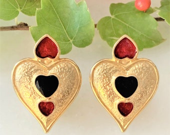 Beautifully Made 1980’s Gold Heart Clip On Earrings with Red & Black Trio Hearts - Made in USA