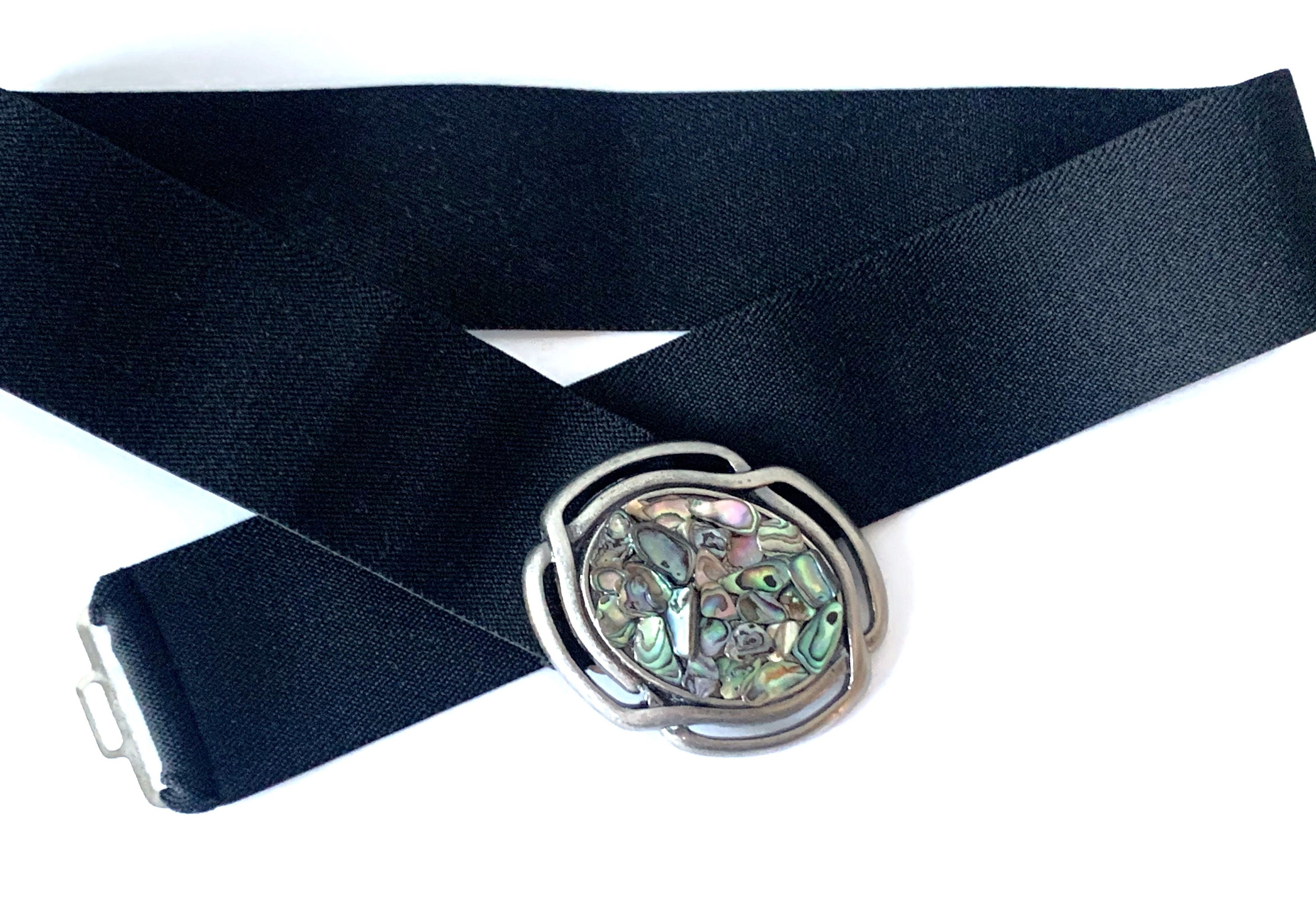 Silver Oxidized Abalone Shell Buckle Belt on Black Nylon 