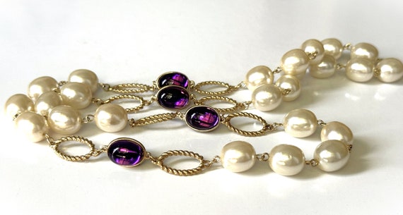 Gold Plated 30" Oval Faux Pearl Chain & Oval Luci… - image 1