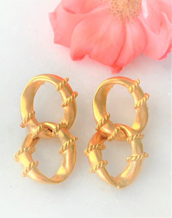 Oversized Angular Link Satin Gold Chain Drop Pier… - image 2