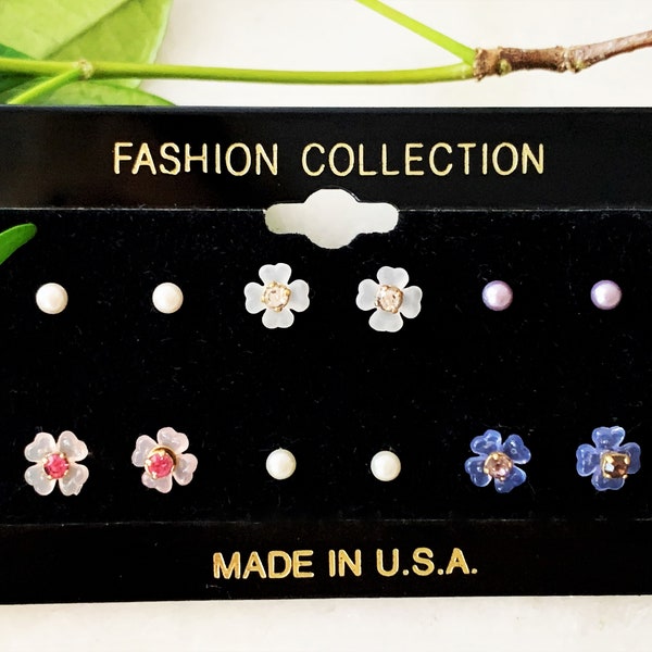 6 Pair Interchangeable Pastel Multi Faux Pearl & Prong Set Crystal Stud Pierced Earrings with Lalique Lucite Flower Jackets - Made in USA