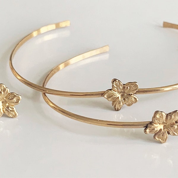 Dainty 14 KT Gold Filled Cuff Bracelet with Botanical Motif - 4 Styles - Sunflower, 3 Petal Flower, 5 Petal Flower or Leaf