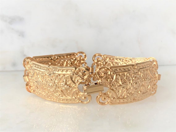 Floral Repousse Gold Tone Connector Bracelet with… - image 3