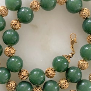 Jade Lucite Necklace Hand Strung with Gold Tone Open Filigree Beads & Lobster Claw Clasp - Made in USA