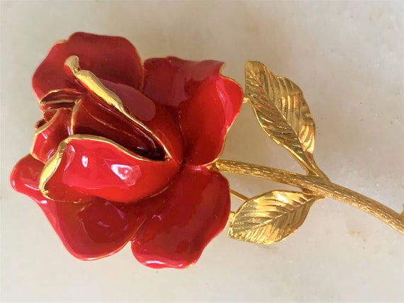 Hand Painted Red Enamel Single Rose with Gold Ton… - image 6