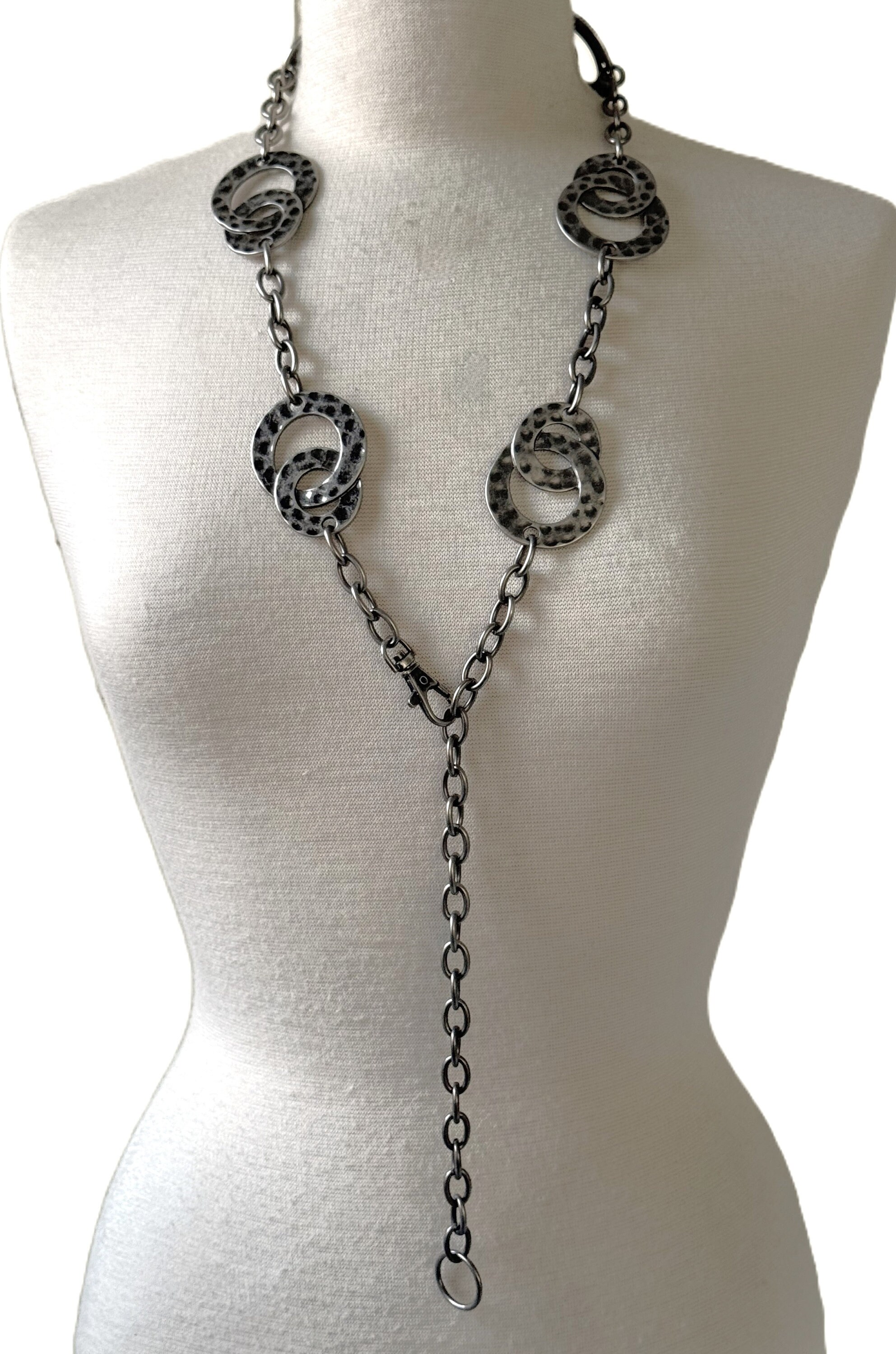 Hammered Interlock Circles Nickel Cable Link Chain Belt Adjustable Lobster Claw Handmade Argentium Silver Chain Necklace: Hammered Circle  main image 3