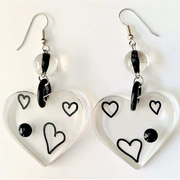 Large Clear Lucite Heart Drop Earrings Set with Black Lucite Cabochons & Carved with Black Open Hearts on Silver French Wires - Made in USA