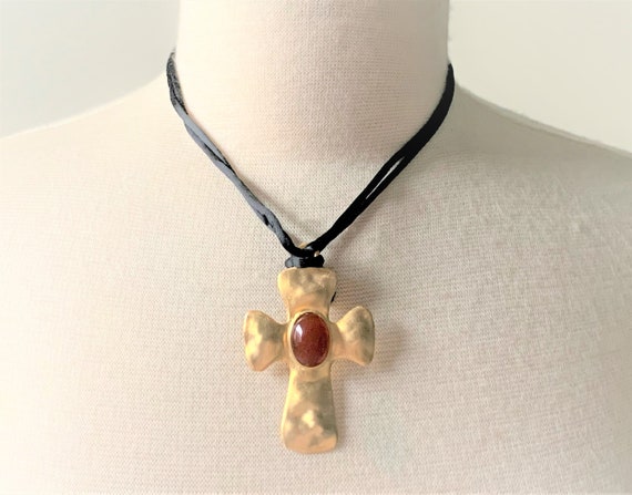 Vintage Hammered Brushed Gold Cross Pendant with Oval Carnelian Cabochon on Black Satin Cord - Made in USA