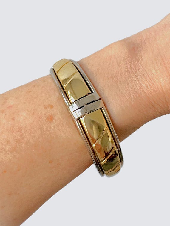 Two Tone Angular Ribbed Oblong Hinged Bracelet - image 2