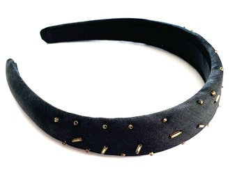 Gold Beaded Black Satin Padded 1" Tapered Headband