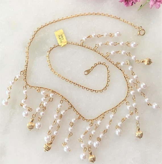 Gold Plated Dainty Chain Fringe Necklace with Whi… - image 6