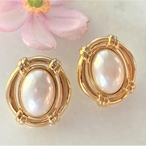 TAT Signed Oval Dome Imitation Pearl Pierced or Clip On Earrings Hand Set in Polished Gold Tone Frame - Made in USA