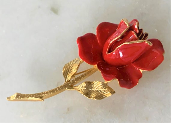 Hand Painted Red Enamel Single Rose with Gold Ton… - image 8