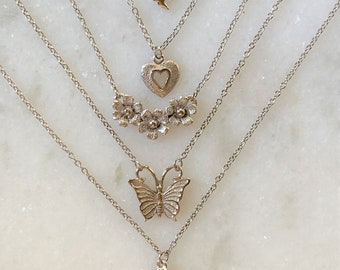 Silver Tone Delicate Pendant Necklace on Chain - 5 Styles - Daisy Trio,Butterfly, Open Heart, Flying Birds or Single Rose