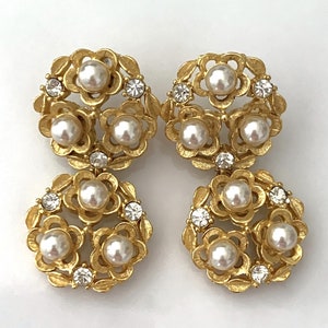 Floral Cluster Open Work Pierced Double Drop Earrings Set with Faux Pearls and Faceted Crystal Glass Stones - Made in USA