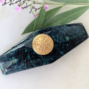 Marbled Italian Acetate Curved Automatic Barrette with Gold Etched Ornament - 3 Colors - Made in USA