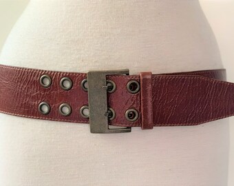 Leather to Leather Belt with Antique Brass Double Prong Buckle & Eyelets- Made in USA