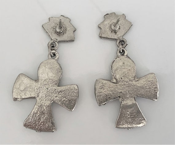 Marcasite Textured Cross Drop Pierced Earrings in… - image 9