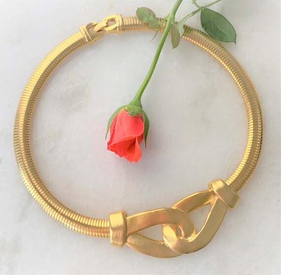 Vintage Brush Stroke Interlock Satin Gold Choker on Gold Domed Cobra Chain with Hinge Clasp - Made in USA
