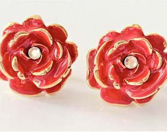 Fernando Originals Red Enamel & Polished Gold Tone Rose Clip On Earrings with Faceted Crystal Center Stone - Made in USA