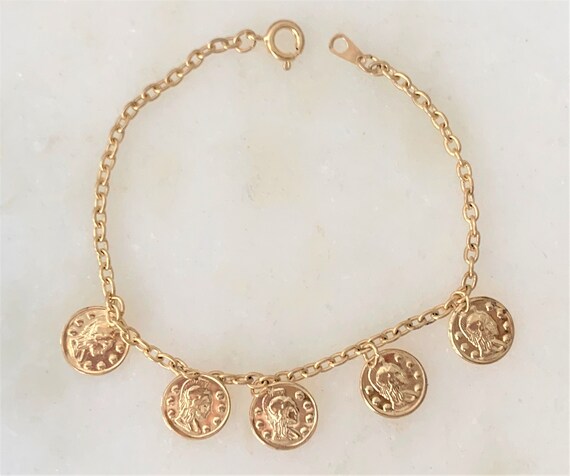 Dainty Gold Tone Coin Bracelet on Link Chain with… - image 2