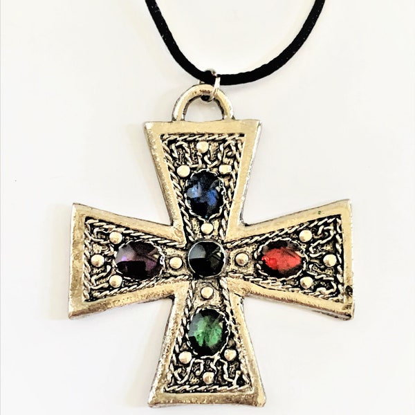 Large Maltese Silver Tone Metal Cross Pendant Inlayed with Chain, Studs & Multi Colored Enamel on Black 25" Tie Top Cord - Made in USA