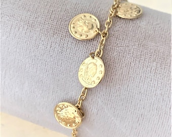 Dainty Gold Tone Coin Bracelet on Link Chain with Spring Ring Clasp