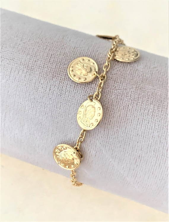 Dainty Gold Tone Coin Bracelet on Link Chain with… - image 1