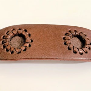 Genuine Leather Curved Oblong Hair Barrette with Whip Stitched Circles and Automatic Clip - 2 Colors: Chocolate, Pecan