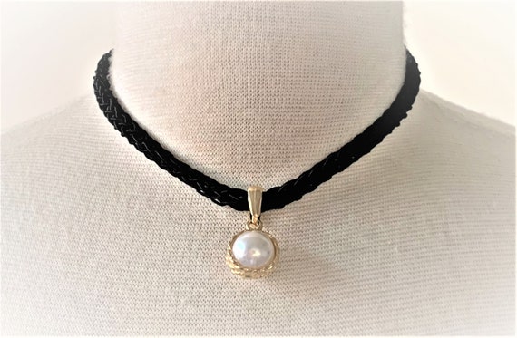 Black Satin Woven Cord Choker With Round Pearl and Gold Rope - Etsy