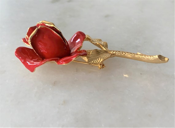 Hand Painted Red Enamel Single Rose with Gold Ton… - image 9
