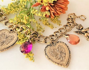 Vintage Cupid and Heart Charm Bracelet on Gold Parallel Curb Chain with Glass Topaz and Amethyst Gems