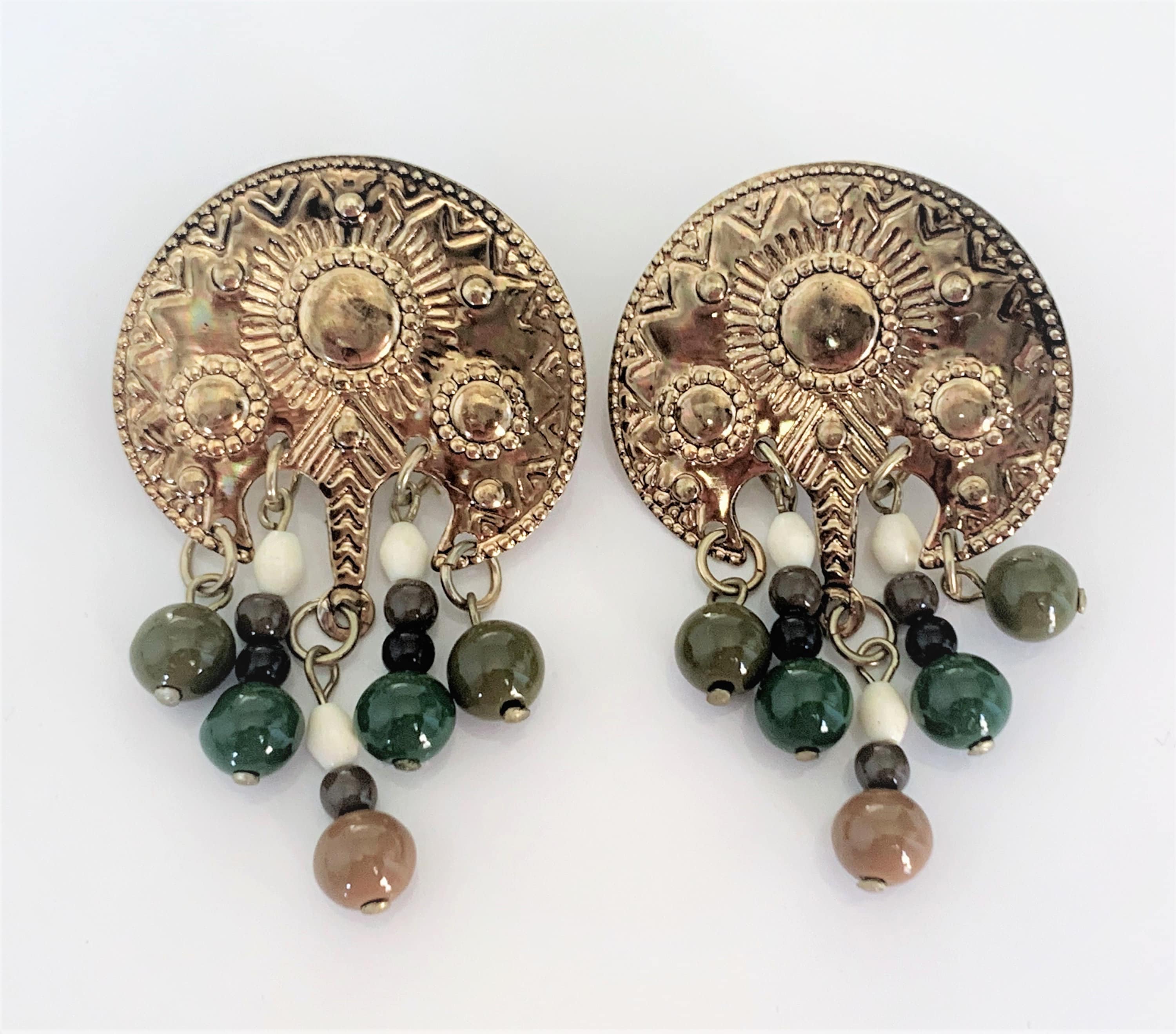 Stamped Metal Clip On Earrings with Olive & Natural Colored Lucite Wire Bead Dangles in Antique Gold Tone
