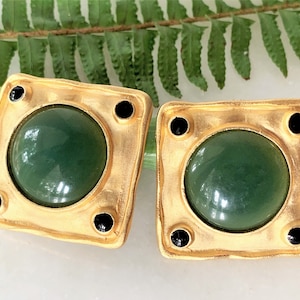 Hammered Square Satin Gold Tone Clip On Earrings Hand Set with Round Jade Center Cabochons & Black Epoxy - Made in USA