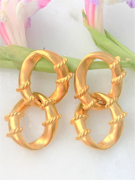 Oversized Angular Link Satin Gold Chain Drop Pier… - image 1