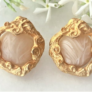 Satin Gold Tone Chunky Swirl Clip On Earrings Hand Set with Beige Marbled Matte Lucite Cabochons - Made in USA