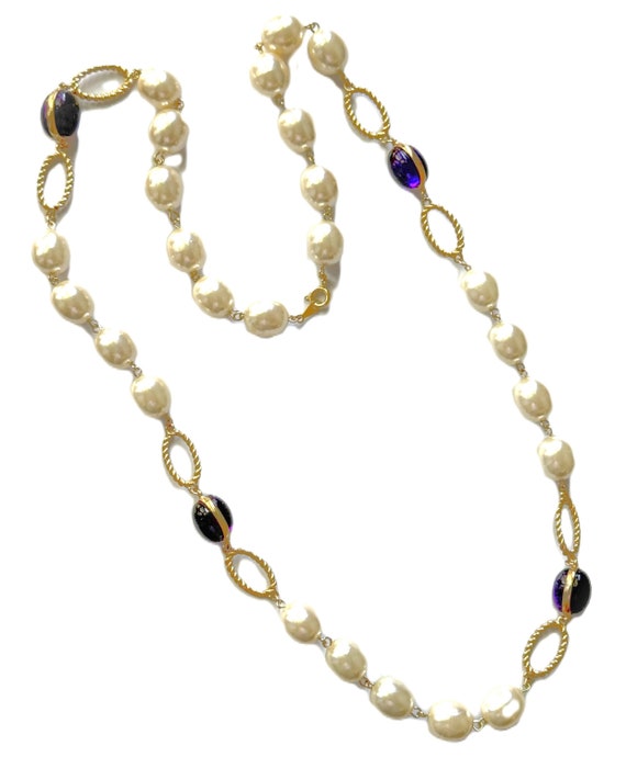 Gold Plated 30" Oval Faux Pearl Chain & Oval Luci… - image 4